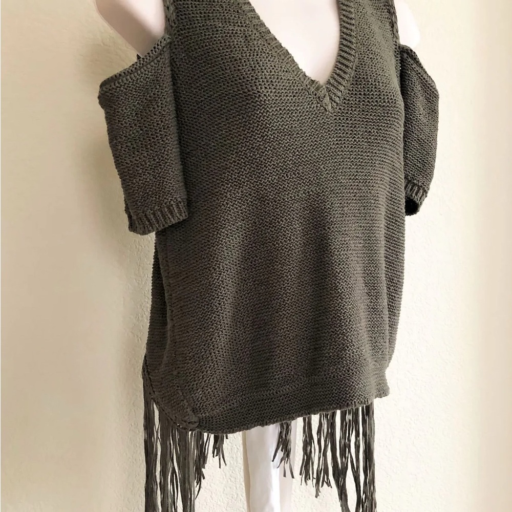 BCBGMaxAzria Olive Off-Shoulder Sweater with Fringe